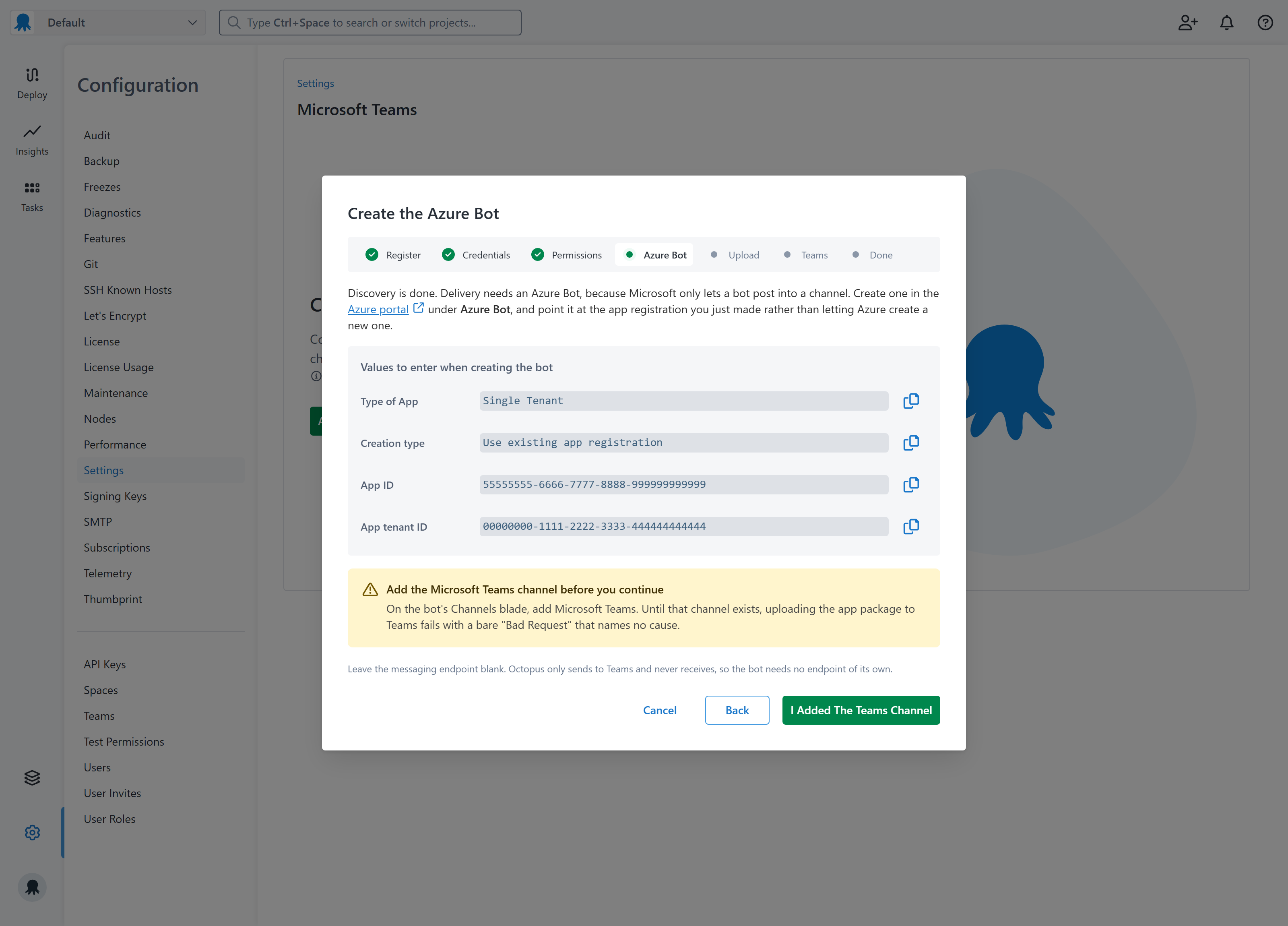 The Azure Bot step, showing the values to enter and the warning to add the Microsoft Teams channel.