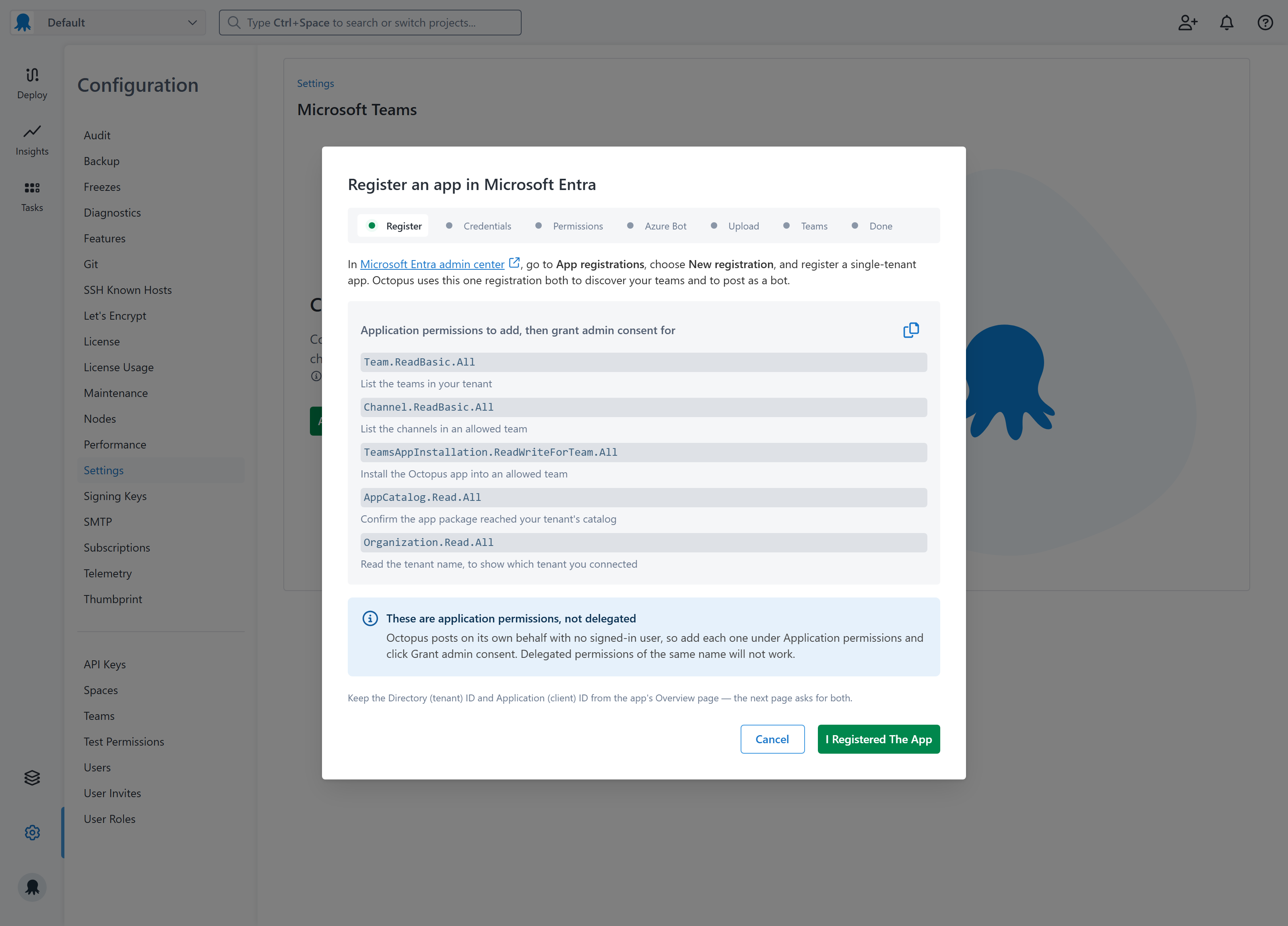 The Microsoft Entra step, listing the five application permissions Octopus requires.