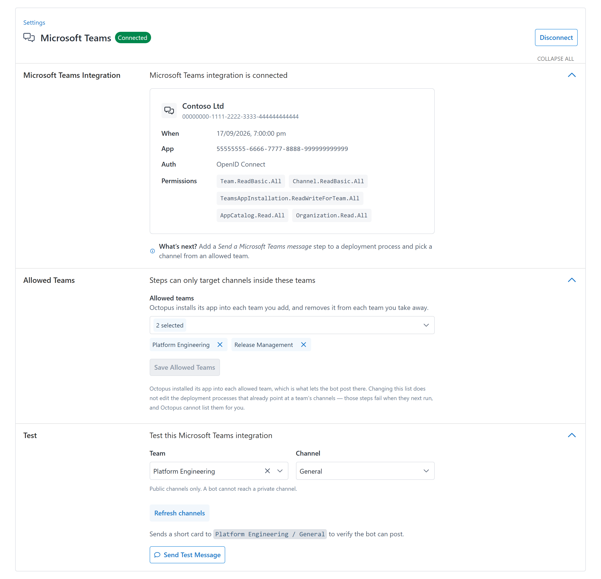 The connected Microsoft Teams settings page, showing the allowed teams and the test message panel.