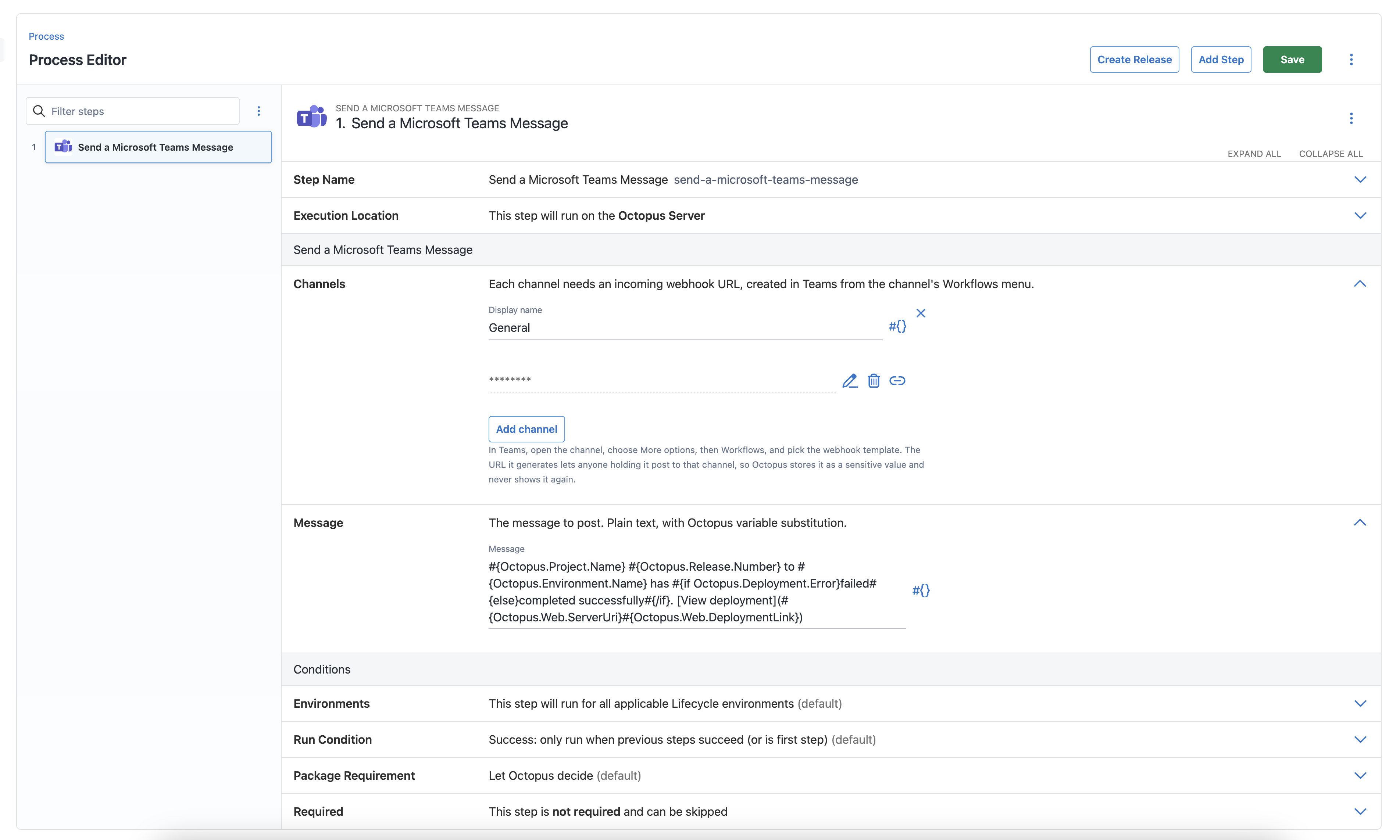 The Send a Microsoft Teams Message step editor showing channel configuration and message fields.