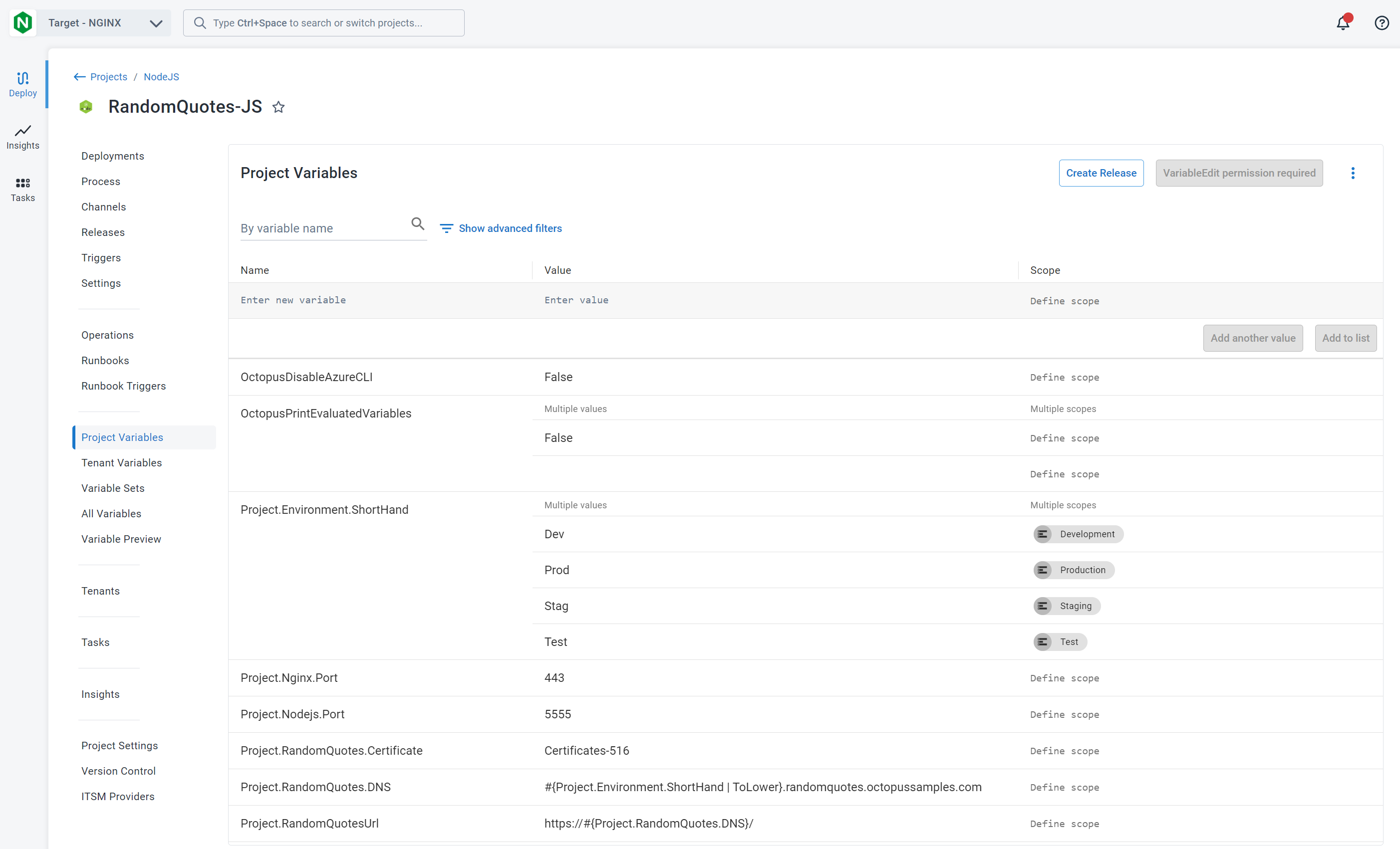 Project variables in Octopus Deploy
