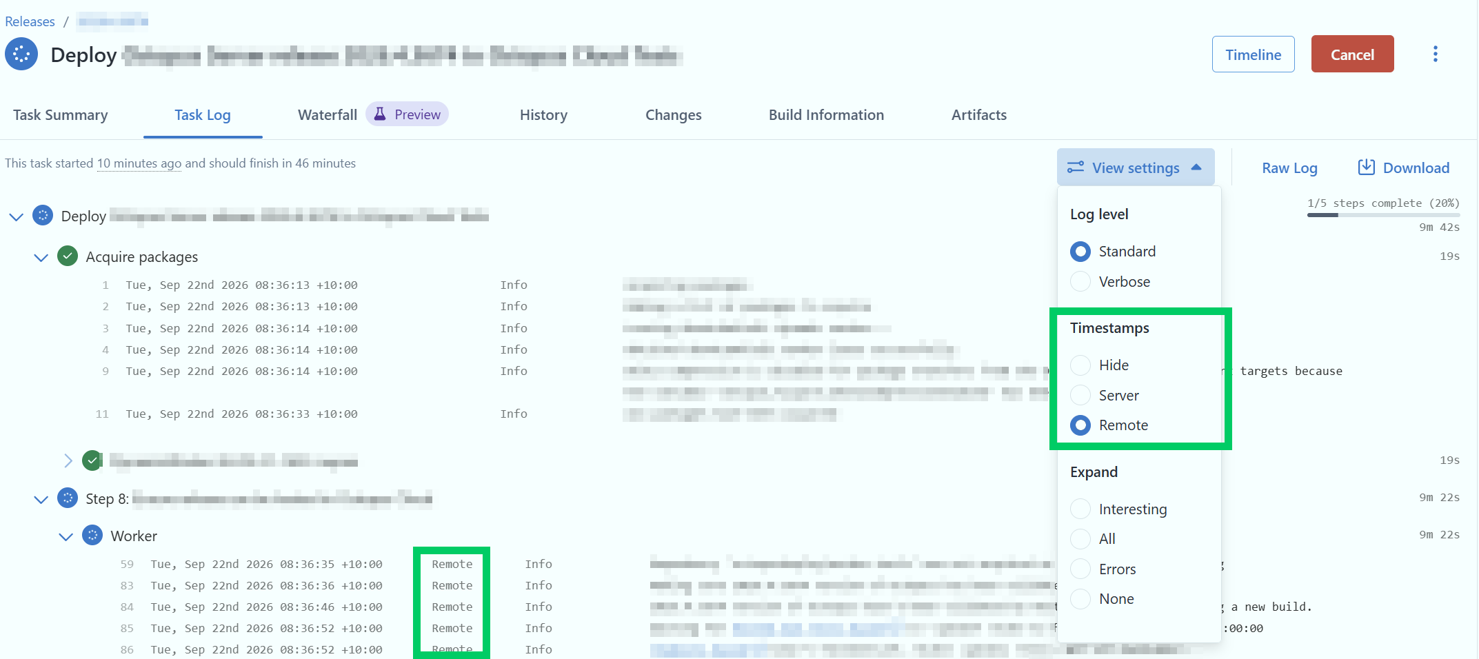 Remote timestamps options with remote selected and highlighted in the task log
